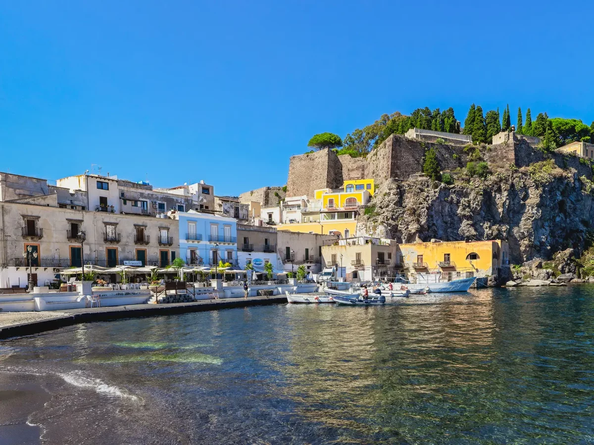 Lipari Marina Corta harbor with castle fortress Aeolian Islands Sicily